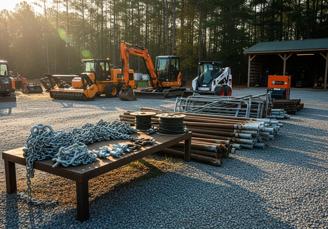 Heavy equipment and tools ready for land clearing and construction work on a rural property.