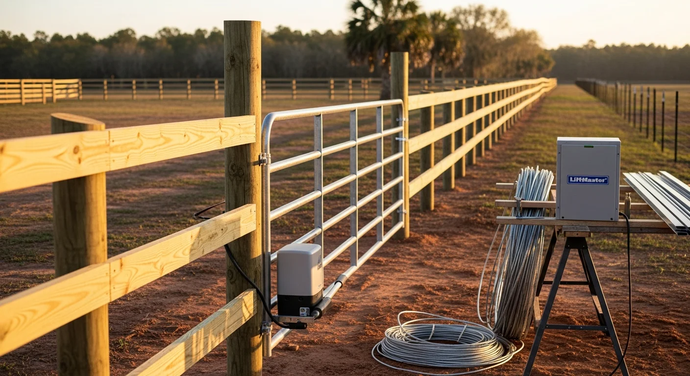 Custom fence and automatic gate installation on rural property