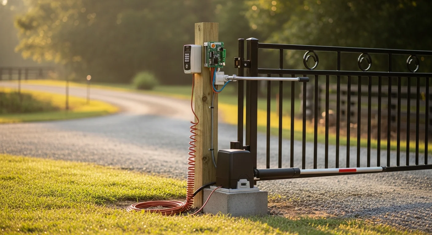 A newly installed automatic swing gate at the driveway entrance of a residential property in Hodges, SC, with a keypad access panel mounted on a post beside the gate. The surrounding fence line and open rural lot are visible in the background.
