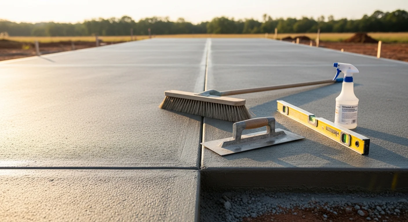 A freshly broom-finished concrete driveway at a residential property in Hodges, SC, with clean edges and a uniform gray surface. The finish shows consistent texture lines running perpendicular to the direction of travel.