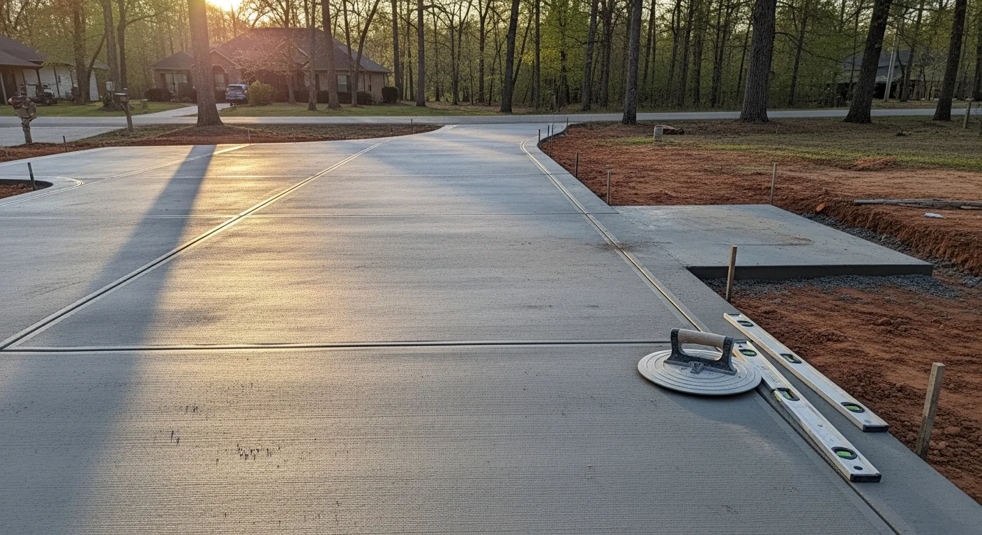 Freshly poured and finished concrete driveway at a residential property in Hodges, South Carolina, with clean edges and a smooth broom-finished surface. The slab extends from the road to a detached garage set against a typical Greenwood County rural property backdrop.