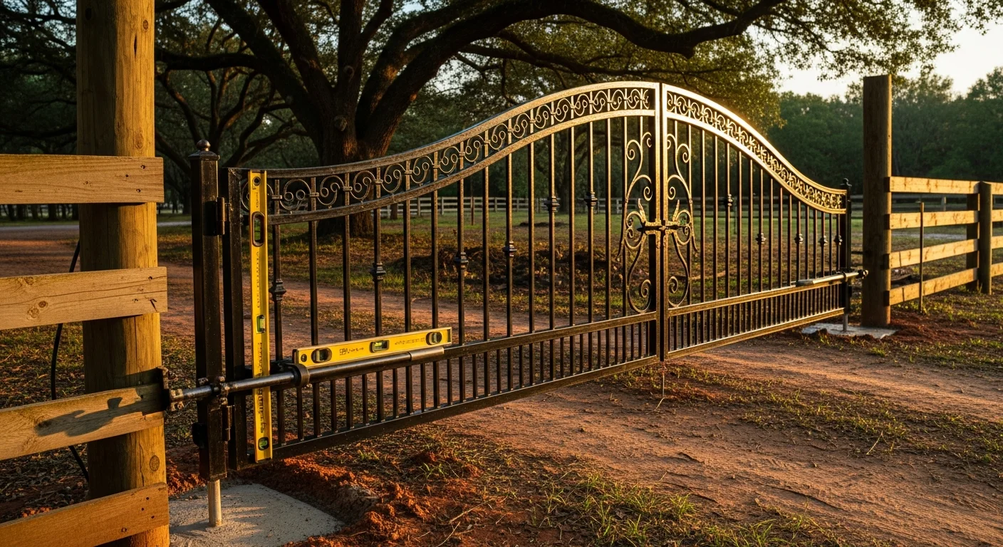 A custom-designed residential entry gate installed by RC Industries LLC on a property in Hodges, South Carolina, showing the gate connected to a matching fence line with a clear driveway approach. The gate hardware and finish are suited to the home's exterior style and the Greenwood County outdoor environment.
