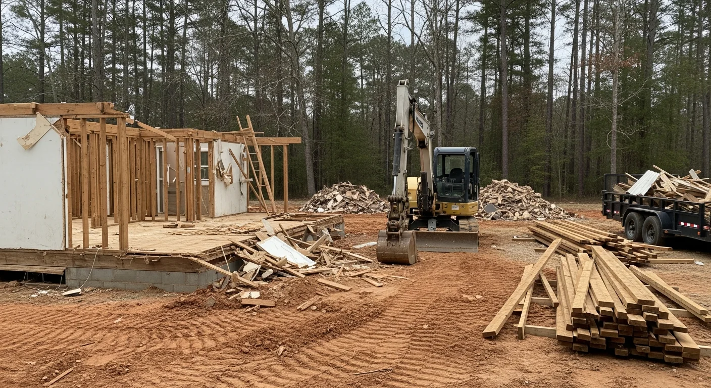 A cleared residential lot in Hodges, South Carolina after full structure demolition, with debris removed and bare ground ready for new construction. A rural Greenwood County property showing the clean result of professional demolition work by RC Industries LLC.