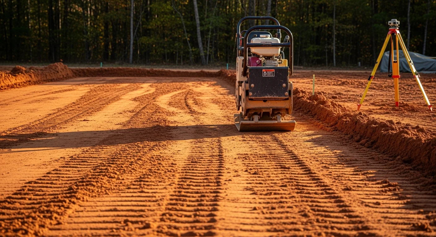 A freshly constructed residential driveway at a rural property in Hodges, Alabama, showing a compacted and graded surface with clean edges and proper slope away from the home. The surrounding landscape reflects the wooded, rural character of Franklin County.