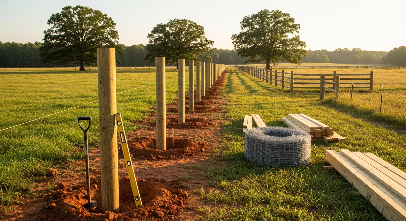 A newly installed post-and-wire farm fence running along a pasture boundary in Hodges, South Carolina. Wooden posts are set at even intervals with taut woven wire securing a livestock grazing area on rural Greenwood County land.