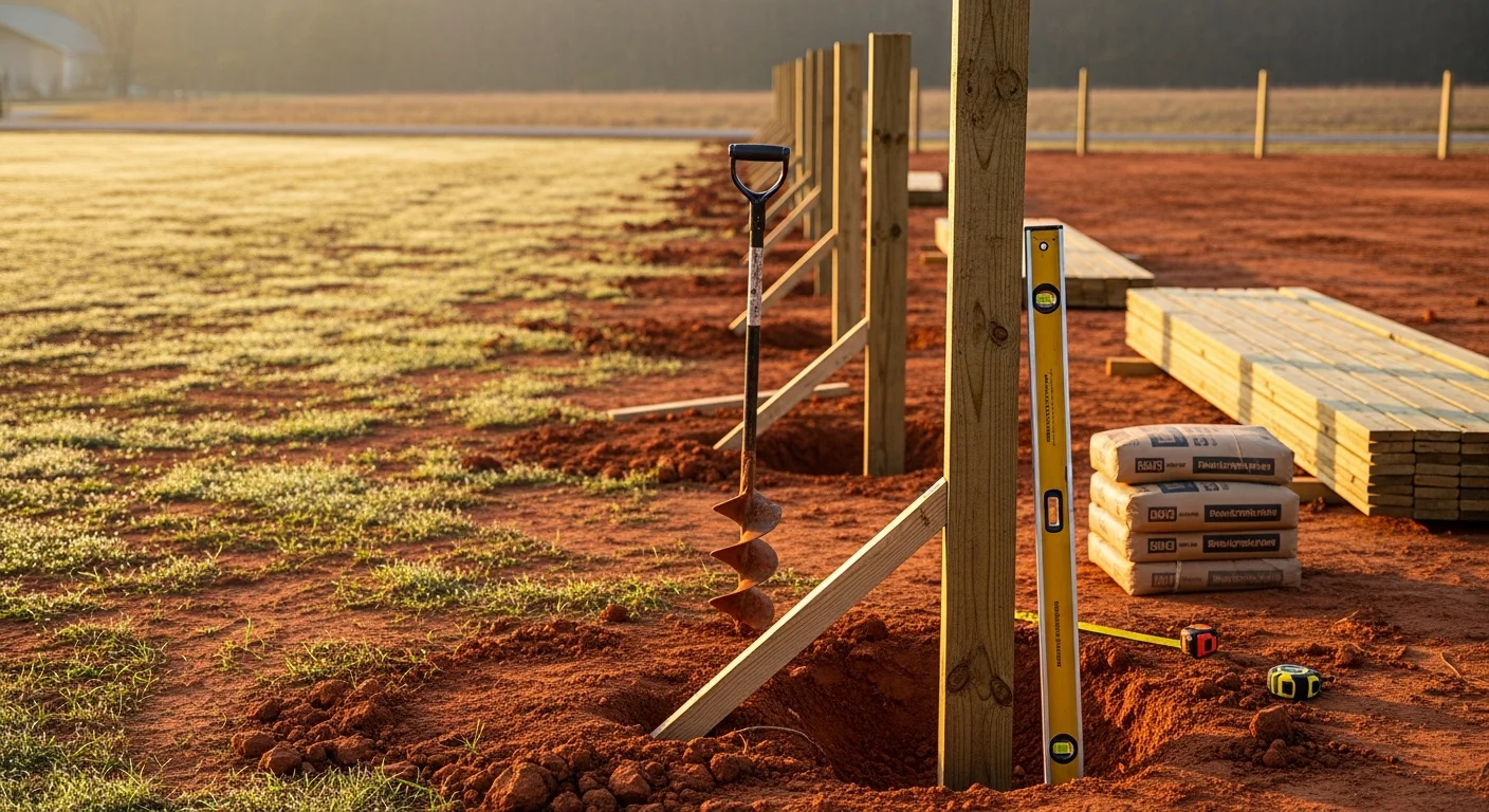 A newly installed wood privacy fence running along the backyard boundary of a residential property in Hodges, SC. The fence posts are set straight on a flat lot with open green space visible behind the structure.