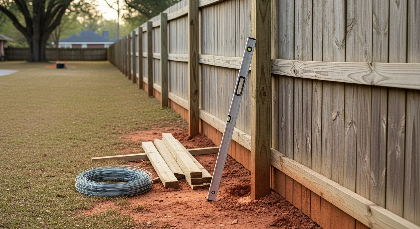 A repaired wooden privacy fence along the backyard of a single-family home in Hodges, SC, with newly set posts and replaced rails. The fence line is straight and secure against a backdrop of a residential yard.