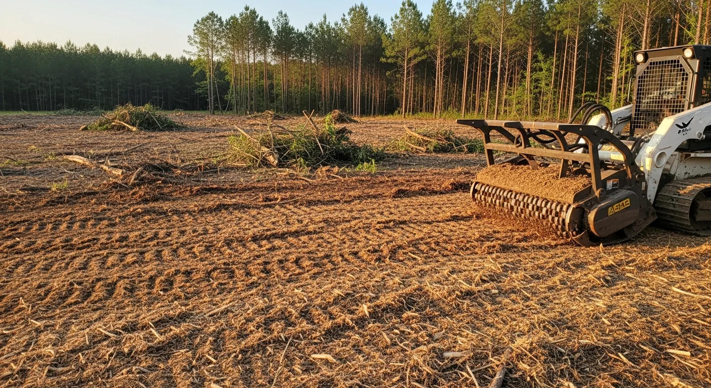 A Hodges, SC rural property after forestry mulching, showing cleared land with a ground-level mulch layer and open tree lines. Dense brush and undergrowth have been processed on-site by RC Industries LLC land clearing equipment.