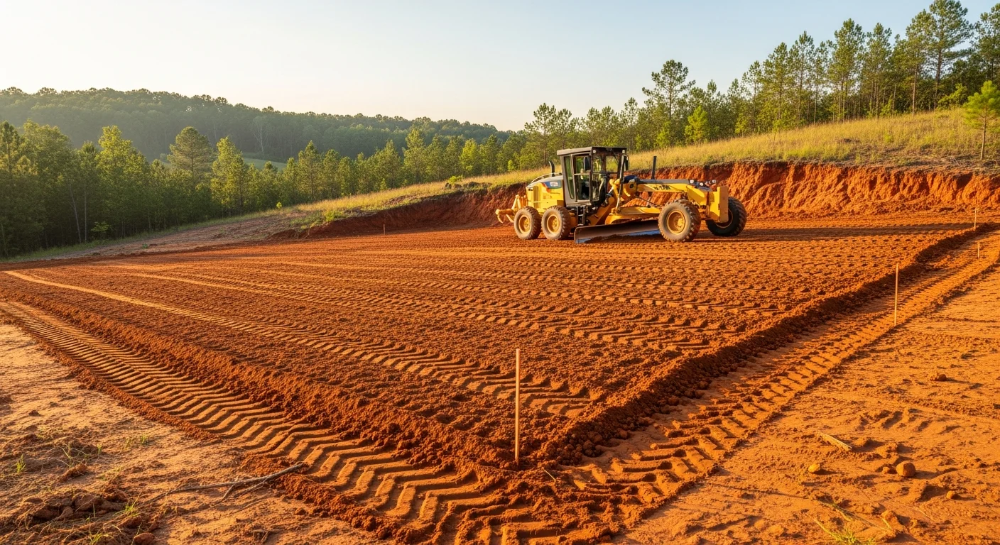 A graded residential lot in Hodges, South Carolina showing freshly leveled and compacted soil with a smooth, uniform slope away from a home foundation. Heavy equipment tracks are visible across the prepared ground, ready for construction or landscaping.