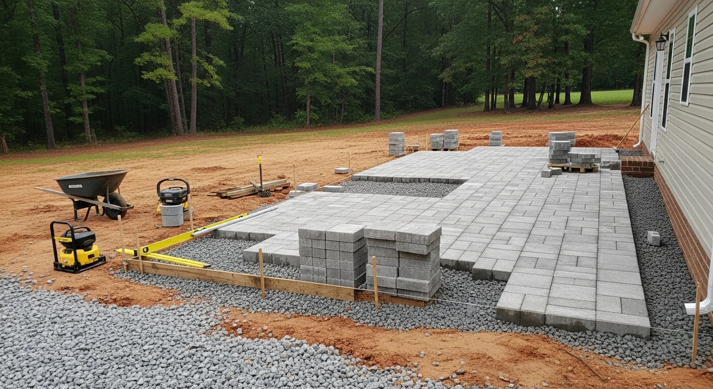 A finished concrete patio and walkway installed by RC Industries LLC at a residential property in Hodges, SC. The hardscape features a level paved surface with clean edges and a graded base suited to the local soil conditions.