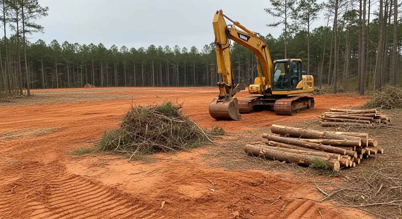 A cleared rural lot in Hodges, SC showing bare ground and removed tree stumps after professional land clearing work. Heavy equipment tracks are visible across the red clay soil with surrounding pine trees at the property edge.