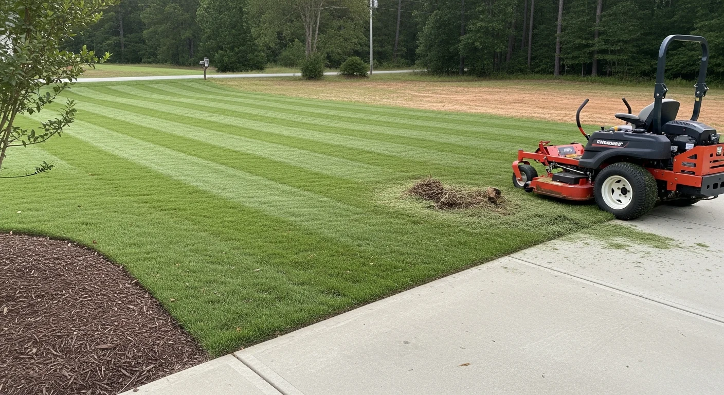 A neatly mowed and edged residential lawn in Hodges, South Carolina, with clean cut lines along a concrete driveway. Warm-season turf shows uniform green coverage across the full front yard.
