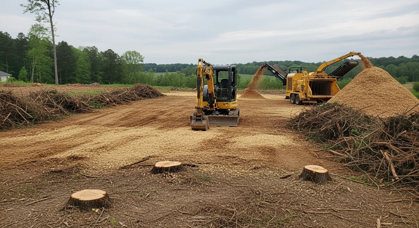 A cleared residential lot in Hodges, South Carolina with stumps and brush removed, leaving open ground ready for construction. Greenwood County Piedmont tree line visible at the rear of the property.