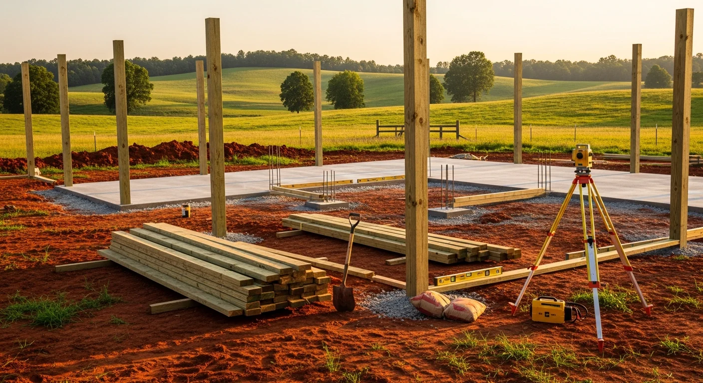 A completed pole barn with a metal roof and wide open entry doors on a rural Hodges, SC property. The structure sits on open pastureland typical of Greenwood County, with clear-span interior space visible from the front.