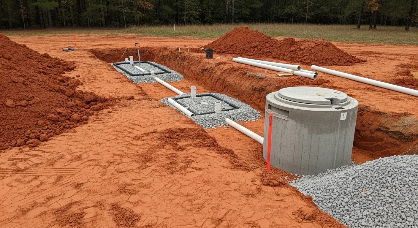 A freshly graded residential yard in Hodges, SC showing a completed septic tank installation with a visible access riser and a level drainfield area. Red clay soil is visible along the excavation edges, typical of Greenwood County's Piedmont terrain.