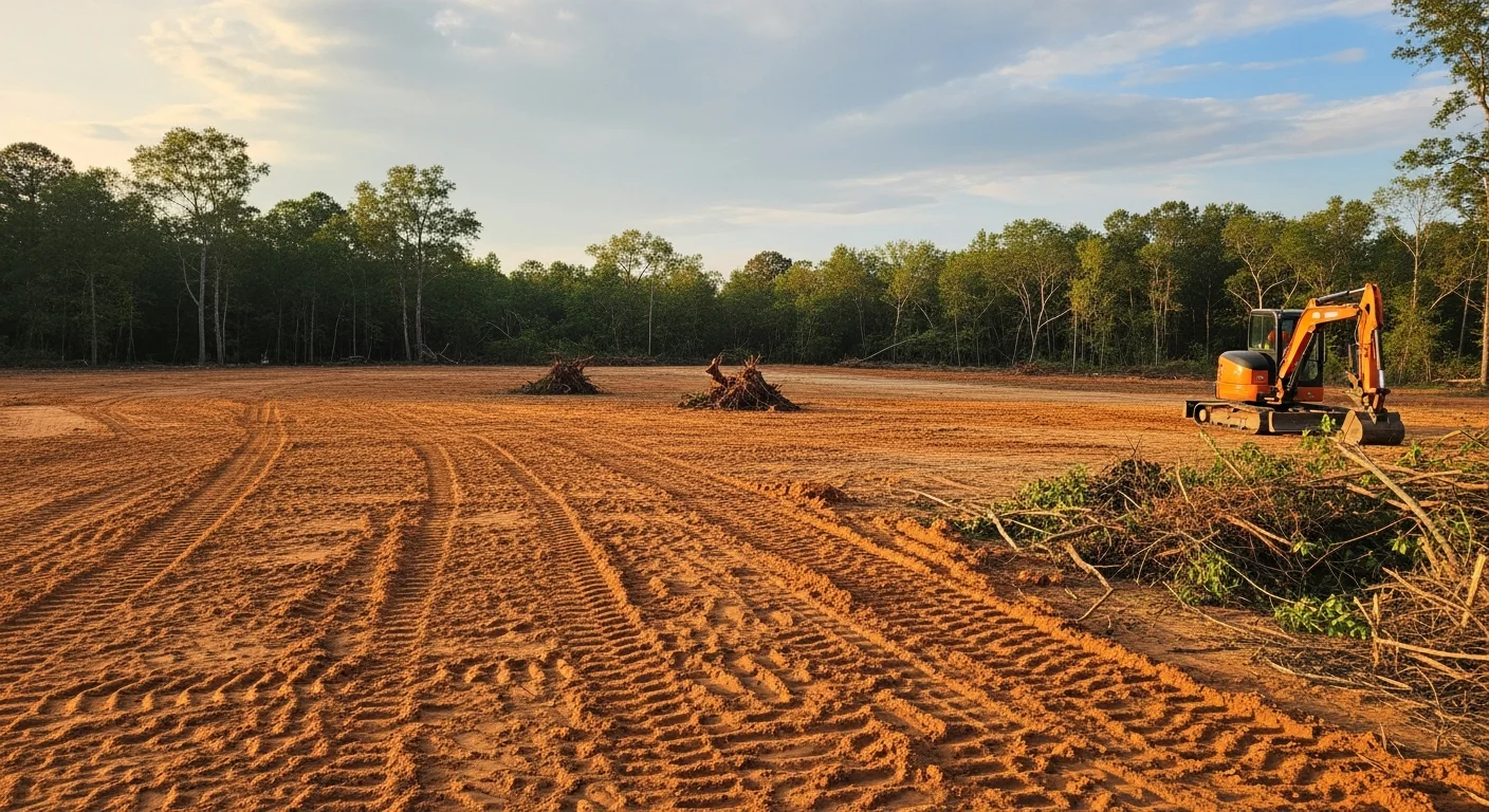 A cleared and graded vacant lot in Hodges, South Carolina with exposed compacted soil and no remaining stumps or vegetation. Heavy equipment tracks are visible across the leveled surface, showing completed site preparation work ready for construction.