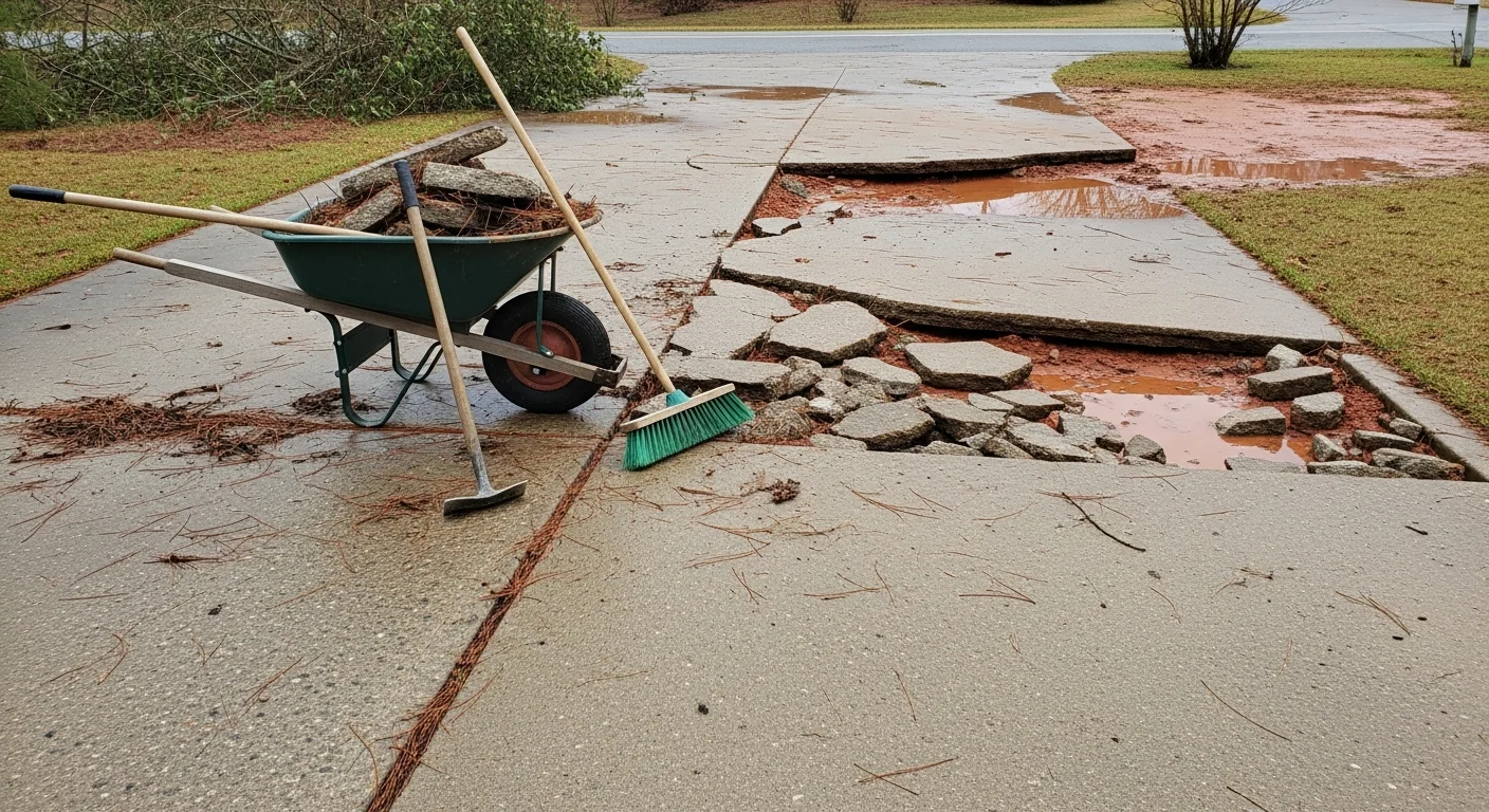 A concrete driveway in Hodges, SC showing storm debris cleared away and surface cracks marked for repair. A crew member from RC Industries LLC inspects the edge of a damaged concrete slab after a storm.