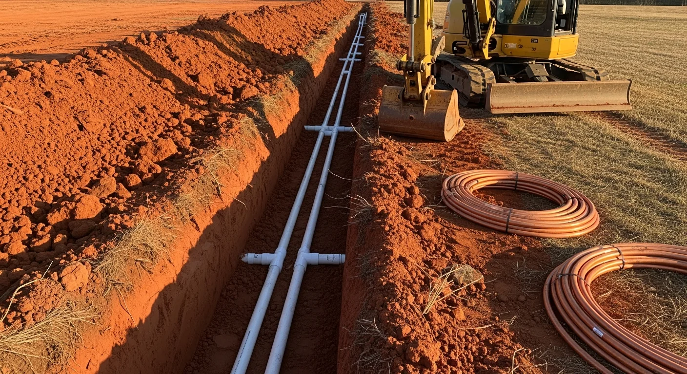 A construction crew operating a tracked excavator to trench a utility line across a rural residential lot in Hodges, South Carolina. Freshly turned red clay soil lines the open trench beside a wood-frame structure under construction.